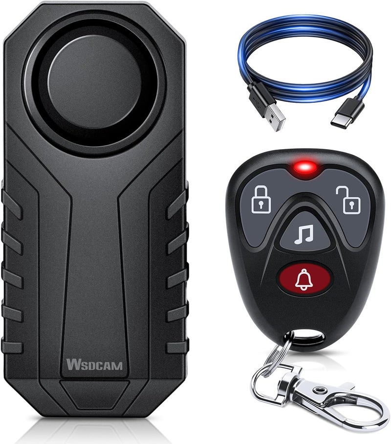 wsdcam Wireless Bike Alarm with Remote, Rechargeable 113dB Loud Bicycle Alarm System Anti Theft, IP65 Waterproof, Bike Alarms for E-Bikes, Motorcycles, Scooter, Outdoor Riding and Cycling Safety - Image 1